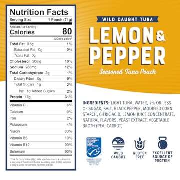 Bumble Bee Lemon & Pepper Seasoned Tuna, 2.5 oz Pouch - Ready to Eat - Wild Caught Tuna Packet - 17g Protein per Serving - Gluten Free