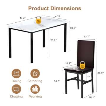 DKLGG Dining Table Set for 4, Modern Kitchen & Dining Room Sets 5 Pieces Dining Table Set Faux Marble Table and 4 PU Leather Chairs for Small Space, Home Kitchen, Apartment, White & Brown