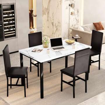 DKLGG Dining Table Set for 4, Modern Kitchen & Dining Room Sets 5 Pieces Dining Table Set Faux Marble Table and 4 PU Leather Chairs for Small Space, Home Kitchen, Apartment, White & Brown