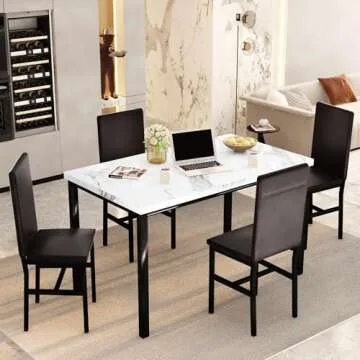 DKLGG Dining Table Set for 4, Modern Kitchen & Dining Room Sets 5 Pieces Dining Table Set Faux Marble Table and 4 PU Leather Chairs for Small Space, Home Kitchen, Apartment, White & Brown