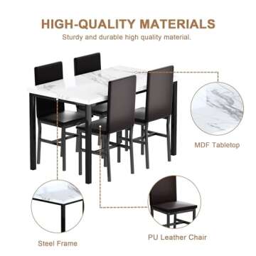 DKLGG Dining Table Set for 4, Modern Kitchen & Dining Room Sets 5 Pieces Dining Table Set Faux Marble Table and 4 PU Leather Chairs for Small Space, Home Kitchen, Apartment, White & Brown