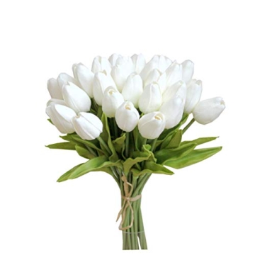 Mandy's 28pcs White Flowers Artificial Tulip Silk Fake Flowers 13.5" for New Year Spring Mother's Da...