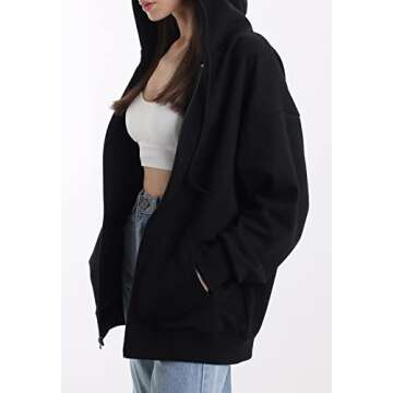 MAJECLO Women's Comfy Lightweight Oversized Zip Up Hoodie Sweatshirt (X-Large, Oversized_Black)