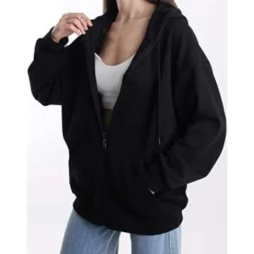 MAJECLO Women's Comfy Lightweight Oversized Zip Up Hoodie Sweatshirt (X-Large, Oversized_Black)