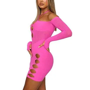 Women Sexy Halter Mini Dress Y2k Cutout Bodycon Hollow Out Sexy Low Cut Aesthetic Short Dresses Night Club Party (Pink, Medium)