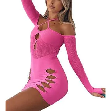 Women Sexy Halter Mini Dress Y2k Cutout Bodycon Hollow Out Sexy Low Cut Aesthetic Short Dresses Night Club Party (Pink, Medium)