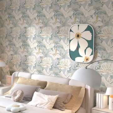 Theper Removable Wallpaper Floral Peel and Stick Wallpaper Boho 17.3"×78.8" Floral Wallpaper Self A...