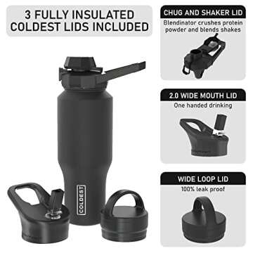 Coldest Sports Water Bottle - 3 in 1 Lids (Chug, Straw, Handle) - Insulated Stainless Steel Tumbler with Handle - Vacuum Water Flask Cup, Valentines Gifts for Him Her (36 oz, Hyperspace)