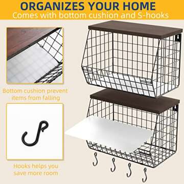 2pcs Fruit Basket Onion Storage Wire Baskets with Wood Lid, Multifunctional Stackable Wall-mounted & Countertop Tiered Kitchen Counter Organizer for Snack,Produce,Onion and Potato Storage Bins