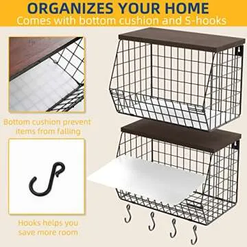 2pcs Fruit Basket Onion Storage Wire Baskets with Wood Lid, Multifunctional Stackable Wall-mounted & Countertop Tiered Kitchen Counter Organizer for Snack,Produce,Onion and Potato Storage Bins