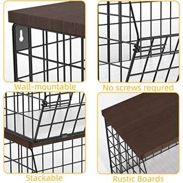 2pcs Fruit Basket Onion Storage Wire Baskets with Wood Lid, Multifunctional Stackable Wall-mounted & Countertop Tiered Kitchen Counter Organizer for Snack,Produce,Onion and Potato Storage Bins