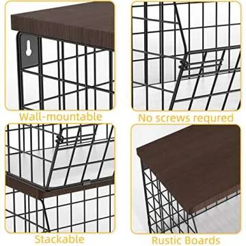 2pcs Fruit Basket Onion Storage Wire Baskets with Wood Lid, Multifunctional Stackable Wall-mounted & Countertop Tiered Kitchen Counter Organizer for Snack,Produce,Onion and Potato Storage Bins