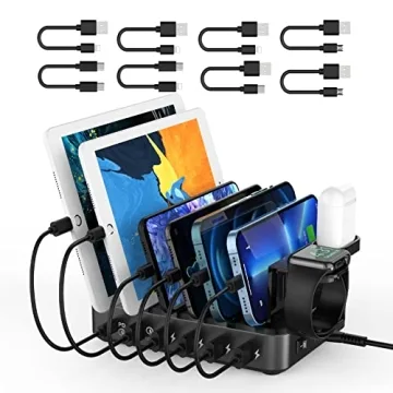 68W Charging Station for Multiple Devices, 6 Ports with Fast Charging & i-Watch Holder