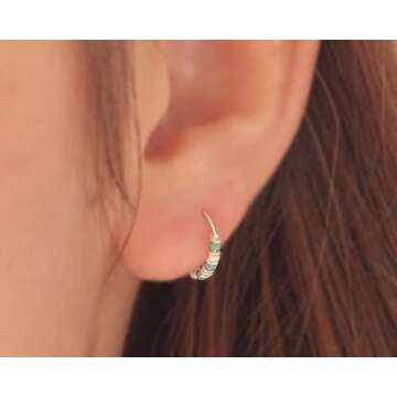 Handmade Silver 10MM Cartilage Helix Beaded Hoop Earrings - 925 Sterling Silver, Turquoise & White B...