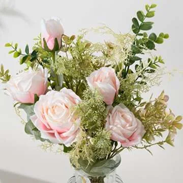 YJ Artificial Silk Roses in Charming Vase for Decor