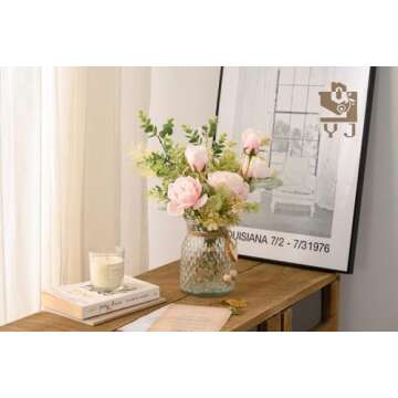 YJ Fake Flowers with Vase, Artificial Flowers Silk Roses Flower Bouquet in Vase, Faux Flower Arrangements,Farmhouse Table Decor,Table Decorations for Living Room,Coffee Table Decor(Pink)