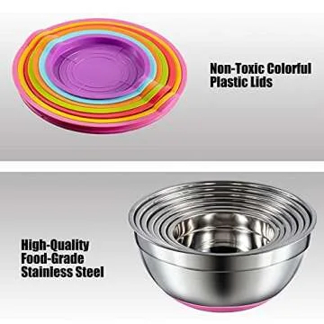 WEZVIX Stainless Steel Mixing Bowl Set of 7 Nesting Bowls with Colorful Silicone Bottom, Measurements Marks and Airtight Lids Dishwasher Safe - 7-5-4-3.5-2.5-2-1.5 QT