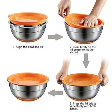 WEZVIX Stainless Steel Mixing Bowl Set of 7 Nesting Bowls with Colorful Silicone Bottom, Measurements Marks and Airtight Lids Dishwasher Safe - 7-5-4-3.5-2.5-2-1.5 QT