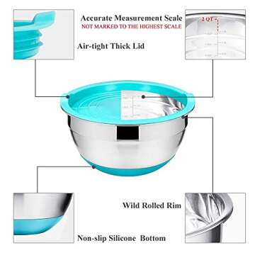 WEZVIX Stainless Steel Mixing Bowl Set of 7 Nesting Bowls with Colorful Silicone Bottom, Measurements Marks and Airtight Lids Dishwasher Safe - 7-5-4-3.5-2.5-2-1.5 QT