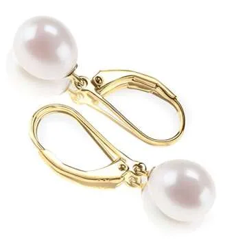PAVOI 14K Yellow Gold Plated Freshwater Cultured Pearl Earrings Leverback Dangle Studs - Handpicked AAA Quality 9mm