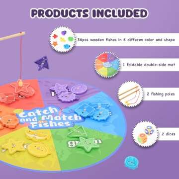 TQJ Wooden Montessori Toy for Toddlers Fishing Game for Fine Motor Skill Color and Shape Sorter with Magnetic Gift for 3+ Years Old Girls Boys Christmas Birthday