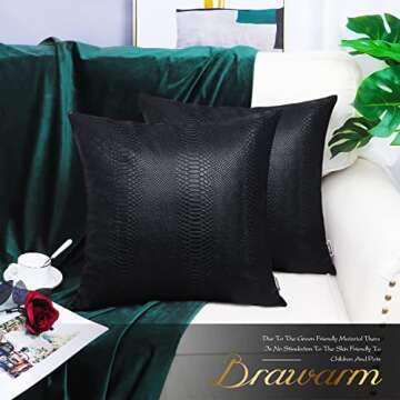 BRAWARM Black Leather Throw Pillows 16 X 16 Inches, Snake Leather Pillow Covers Pack of 2, Faux Leat...
