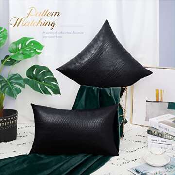 BRAWARM Black Leather Throw Pillows 16 X 16 Inches, Snake Leather Pillow Covers Pack of 2, Faux Leather Decorative Pillow Covers for Couch Living Room Garden Bed Sofa Home