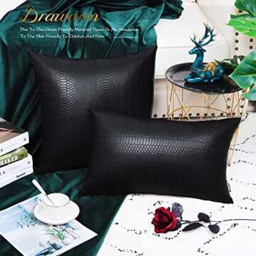BRAWARM Black Leather Throw Pillows 16 X 16 Inches, Snake Leather Pillow Covers Pack of 2, Faux Leather Decorative Pillow Covers for Couch Living Room Garden Bed Sofa Home