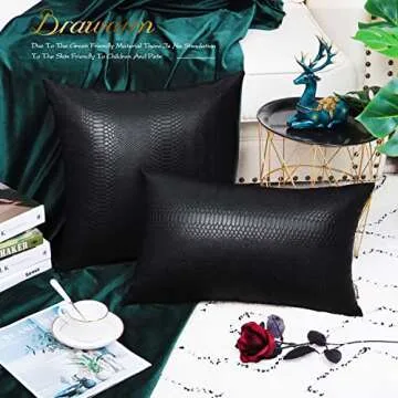 BRAWARM Black Leather Throw Pillows 16 X 16 Inches, Snake Leather Pillow Covers Pack of 2, Faux Leather Decorative Pillow Covers for Couch Living Room Garden Bed Sofa Home