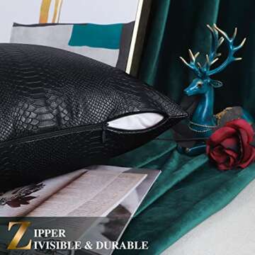 BRAWARM Black Leather Throw Pillows 16 X 16 Inches, Snake Leather Pillow Covers Pack of 2, Faux Leather Decorative Pillow Covers for Couch Living Room Garden Bed Sofa Home