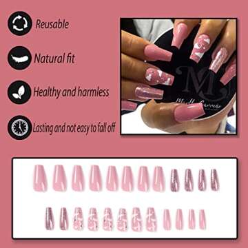 Pink Press on Nails Medium Square Fake Nails with Cloud and Rhinestones Designs Glossy Full Cover Stick on Nails Glittering Artificial Acylic False Nails Glue on Nails for Women