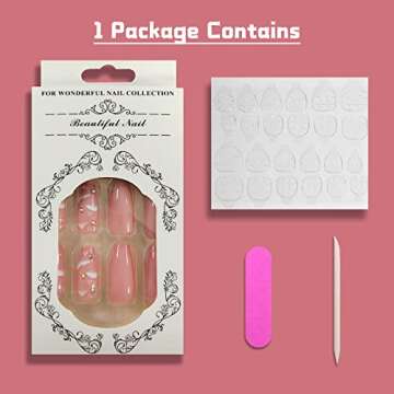 Pink Press on Nails Medium Square Fake Nails with Cloud and Rhinestones Designs Glossy Full Cover Stick on Nails Glittering Artificial Acylic False Nails Glue on Nails for Women