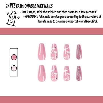 Pink Press on Nails Medium Square Fake Nails with Cloud and Rhinestones Designs Glossy Full Cover Stick on Nails Glittering Artificial Acylic False Nails Glue on Nails for Women