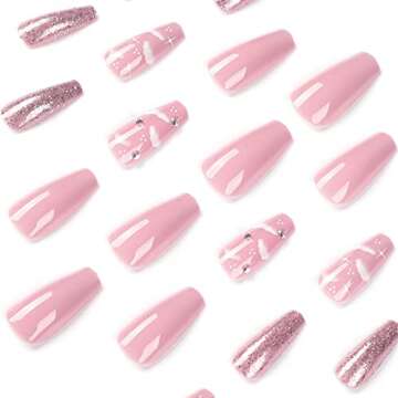 Pink Press on Nails Medium Square Fake Nails with Cloud and Rhinestones Designs Glossy Full Cover Stick on Nails Glittering Artificial Acylic False Nails Glue on Nails for Women