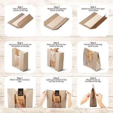 Cute & Elegant Bakery Bags with Window - 30 PE Coated Paper Bags with 30 Stickers - Durable Brown Kraft Paper Bags for Sourdough Loaf, Cookies, and Baked Gifts - 14 x 10 x 4 Cookie Bags