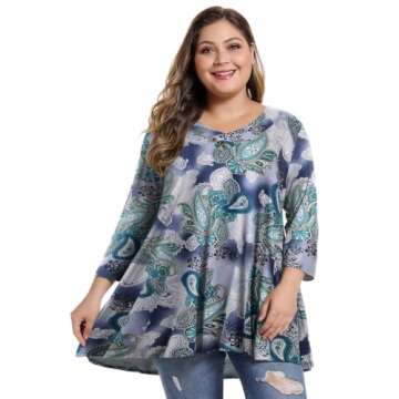 MONNURO Womens Plus Size 3/4 Sleeve V Neck Button Casual Loose Flowy Swing Tunic Tops Basic Tee Shirts for Leggings