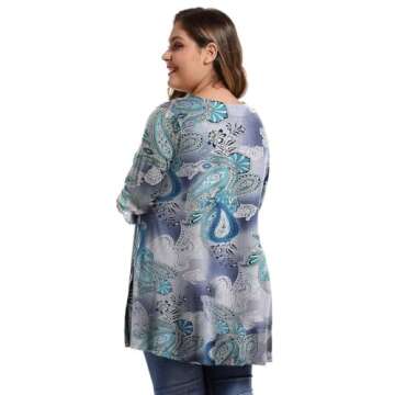 MONNURO Womens Plus Size 3/4 Sleeve V Neck Button Casual Loose Flowy Swing Tunic Tops Basic Tee Shirts for Leggings