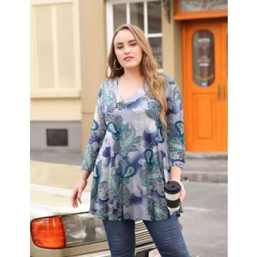 MONNURO Womens Plus Size 3/4 Sleeve V Neck Button Casual Loose Flowy Swing Tunic Tops Basic Tee Shirts for Leggings