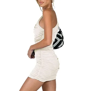 LYANER One Shoulder Ruched Bodycon Mini Dress - Beige