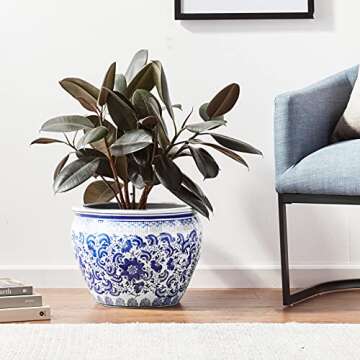Red Lantern 16" Floral Blue & White Porcelain Fishbowl Planter