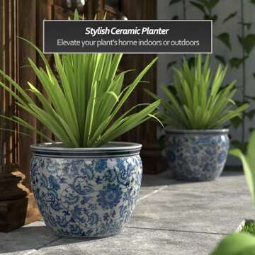 Red Lantern 16" Floral Blue & White Porcelain Fishbowl Planter