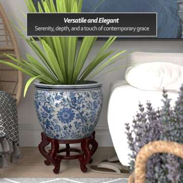 Red Lantern 16" Floral Blue & White Porcelain Fishbowl Planter