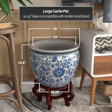 Red Lantern 16" Floral Blue & White Porcelain Fishbowl Planter