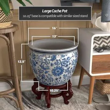 Red Lantern 16" Floral Blue & White Porcelain Fishbowl Planter