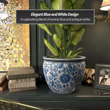 Red Lantern 16" Floral Blue & White Porcelain Fishbowl Planter