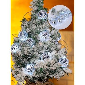 BBTO 10 Pcs LED Disco Ball String Light Battery Powered Mirror Ball Ornaments 70s 80s 90s Disco Party Supplies(Silver White,1.57 Inch)