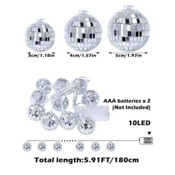 BBTO 10 Pcs LED Disco Ball String Light Battery Powered Mirror Ball Ornaments 70s 80s 90s Disco Party Supplies(Silver White,1.57 Inch)