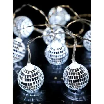 BBTO 10 Pcs LED Disco Ball String Light Battery Powered Mirror Ball Ornaments 70s 80s 90s Disco Party Supplies(Silver White,1.57 Inch)