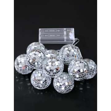 BBTO 10 Pcs LED Disco Ball String Light Battery Powered Mirror Ball Ornaments 70s 80s 90s Disco Party Supplies(Silver White,1.57 Inch)