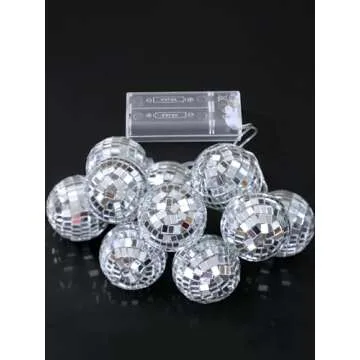 BBTO 10 Pcs LED Disco Ball String Light Battery Powered Mirror Ball Ornaments 70s 80s 90s Disco Party Supplies(Silver White,1.57 Inch)